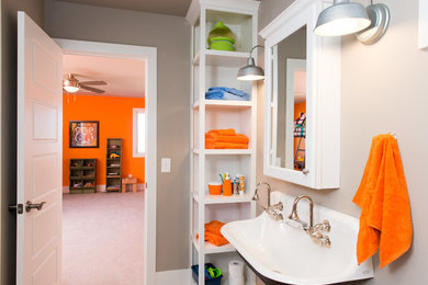 Bathroom - small transitional 3/4 bathroom idea in Kansas City with a trough sink, beige walls, open cabinets and white cabinets