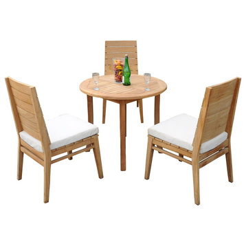 4-Piece Outdoor Teak Dining Set: 36" Round Table, 3 Char Stacking Armless Chairs