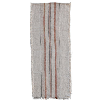 Striped Linen and Cotton Table Runner With Fringe, Multicolor