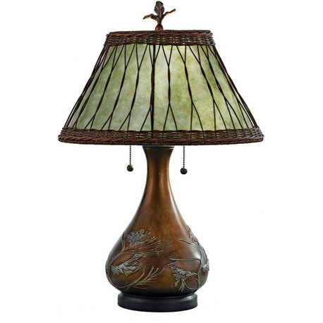 Pine Branch Motif Base Table Lamp in Bronze Wicker Overlay on Green Mica Shade