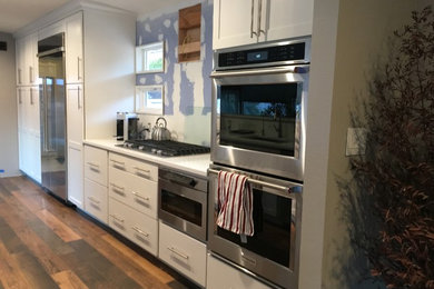 Example of a mid-century modern medium tone wood floor kitchen design in Other with an undermount sink, shaker cabinets, white cabinets, quartz countertops, gray backsplash, mosaic tile backsplash, stainless steel appliances and white countertops
