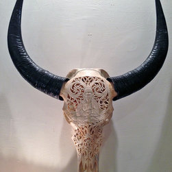 Hand Carved Skull - Water Buffalo, Buddha Design, White - Artwork
