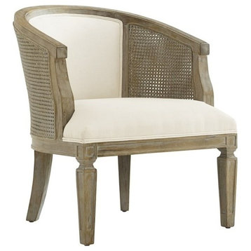 Linon Sandry Wood Barrel Chair Padded Back & Seat Woven Cane Sides in Greywash