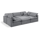 Meridian Furniture - Indulge Upholstered Modular U-Shaped Sectional, Grey, 6-Piece: 3 Armless Chair, 2 Corner Chair, 1 Ottoman, Down Stuffed Velvet - Experience ultimate comfort and style with our grey velvet Indulge Sectional. The luxurious velvet will elevate the aesthetic of any room. This sofa provides ample space for you to relax while its modular build offers the option of unlimited configurations. Whether you're looking to add a stylish element to your living room or a comfortable seating option to your bedroom, this sofa is the perfect choice.