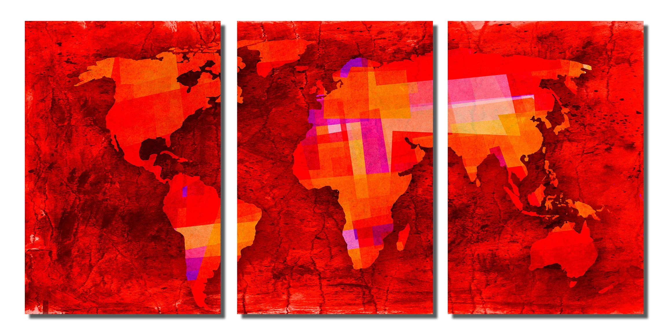 Dark Red World Map, HD Metal Print Wall Art, 3 Panel Split, Triptych ...
