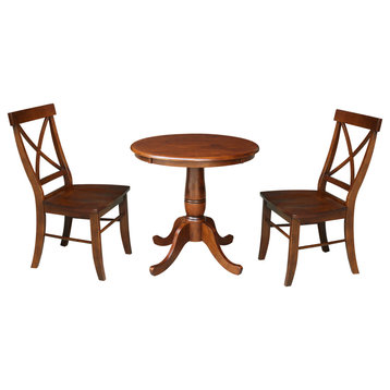 30" Round Top Pedestal Table With X-Back Chairs, 3-Piece Set, Espresso