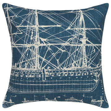 Tall Ship Printed Linen Pillow With Feather-Down Insert, Caramel, Navy