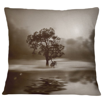 Alone Tree on Island in Sepia Landscape Printed Throw Pillow, 18"x18"