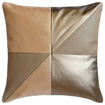 Beige Faux Metallic Leather Patchwork 18"x18" Throw Pillow Cover - Leather Flush