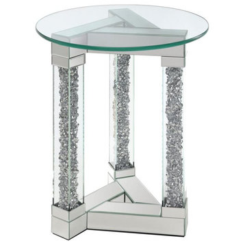 Contemporary End Table, Triangle Base With Sparkling Accented Poles & Glass Top