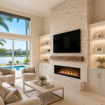 Custom Stone Fireplace TV Wall with Built-In Shelving