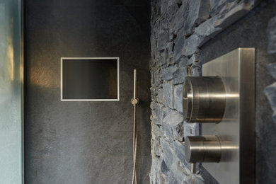 Inspiration for a medium sized rustic shower room bathroom in Cambridgeshire with a walk-in shower, slate tiles, mosaic tile flooring, an open shower and a feature wall.