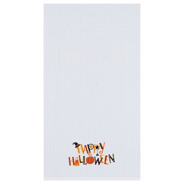 Happy Halloween Waffle Weave Kitchen Towel 27 Inches Witch Hat Spider Pumpkin