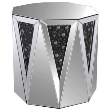 Modern End Table, Octagonal Design With Faux Crystals Accents, Silver/Black