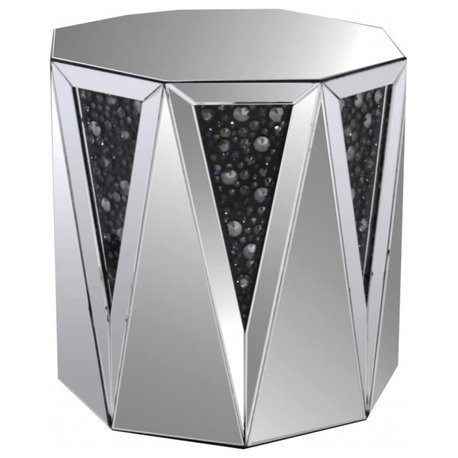 Modern End Table, Octagonal Design With Faux Crystals Accents, Silver/Black