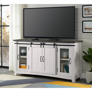 Rustic TV Stand, Pine Frame With Sliding Doors and Metal Mesh Doors, White/Black