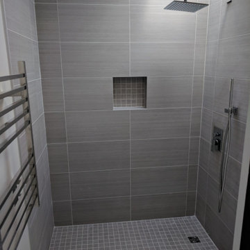 Bold Gray Master Bath Remodel with Barn Door & Skylight — Fremont, CA, 2018