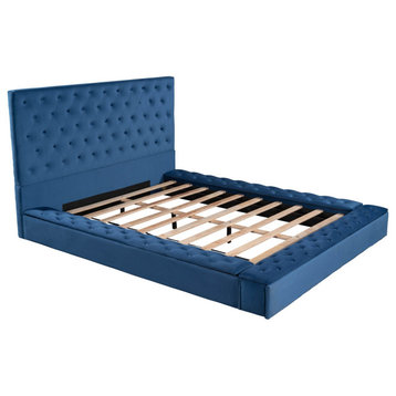 Modern Platform Bed, Velvet Upholstery and Storage Compartments, Blue, Queen