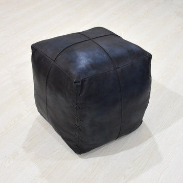 Solid Handmade Leather Square Pouf (Recycled Cotton Fill) Vintage Blue PF37