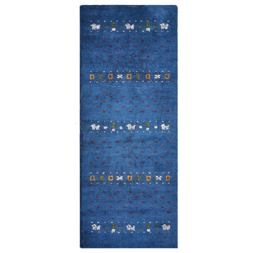Hand Knotted Loom Silk Mix 2' 6''x10' Area Rug Contemporary Blue