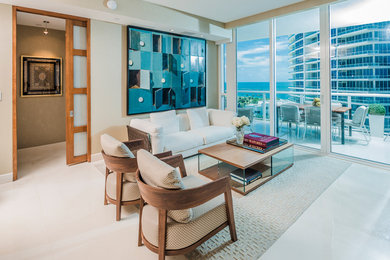 Living room - mid-sized contemporary open concept porcelain tile and white floor living room idea in Miami with white walls and no fireplace