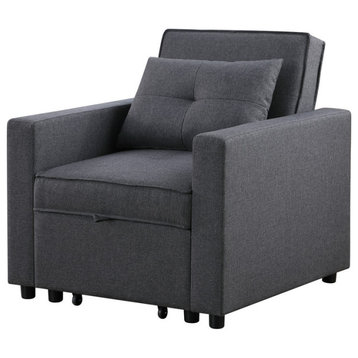 Zoey Linen Convertible Sleeper Chair With Side Pocket, Dark Gray