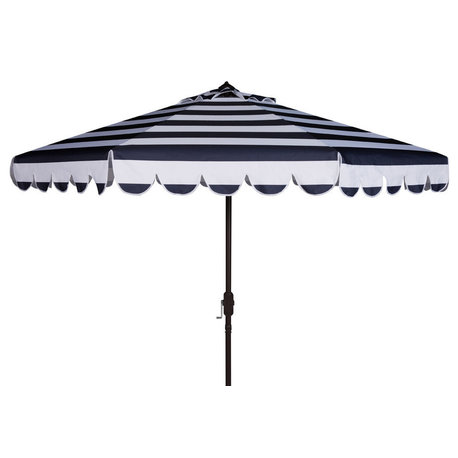 Safavieh Maui Scallop Striped 9' Crank Umbrella, Navy/White