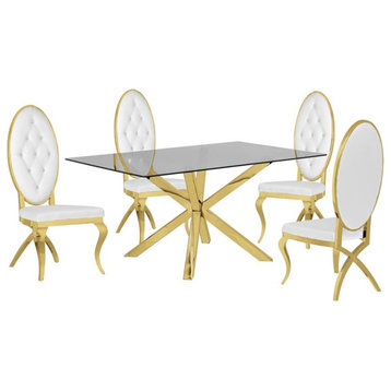 63"x 39" Rectangular Clear Glass 5pc Dining Set with Gold Stainless Steel