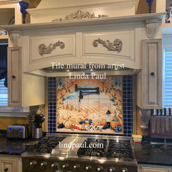 Tuscan Kitchen Italian tile mural backsplash idea with pop of blue - Tile Murals