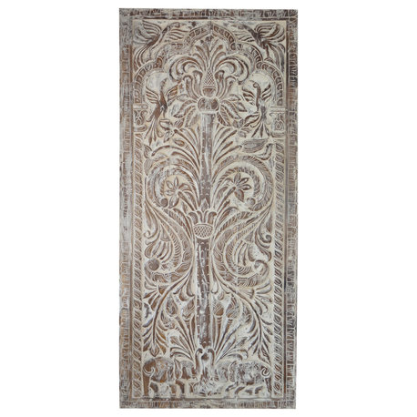 Consigned Tree of Life Carved Art, Vintage Nature Whitewashed Sliding Barn Door