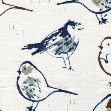Tab Top Curtain Panels Pair Bird Toile Regal Blue Chinoiserie Cotton Linen