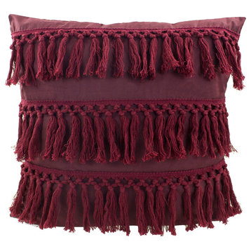 Stylish Fringe Tassels Decorative Throw Pillow, Burgundy, 18"x18"