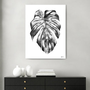 'Black Monstera Leaf' Wrapped Canvas Wall Art