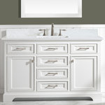 Design Element - Milano Single Vanity, White, 54" - Combining classic charms with modern features, the elegant Milano vanity collection by Design Element will instantly transform your bathroom into a work of art. All Milano vanity cabinets are constructed from solid birch hardwood and paired with a 1 inch thick white quartz countertop and backsplash. Soft closing doors and drawers provide smooth and quiet operations, while brushed finished metal hardware provides the perfect finishing touch. Other fine details include white porcelain sinks with overflow, dovetail joint drawer construction, predrilled holes to accommodate 8-inch widespread faucets, and multi-layer paint finish on the cabinets provide beauty and durability for years to come.