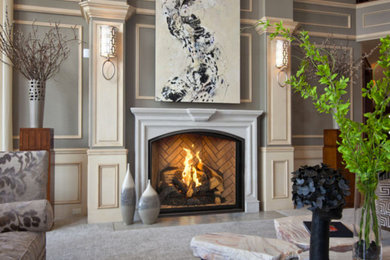 Inspiration for a mid-sized contemporary formal and enclosed carpeted and gray floor living room remodel in New York with a standard fireplace, a wood fireplace surround and gray walls