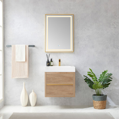 Palencia Floating Bath Vanity With Composite Stone Top, North American Oak, 24", No Mirror