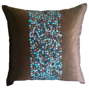 Brown Art Silk 14"x14" 3D Turquoise Sequins Pillows Cover, Cocoa & Turq