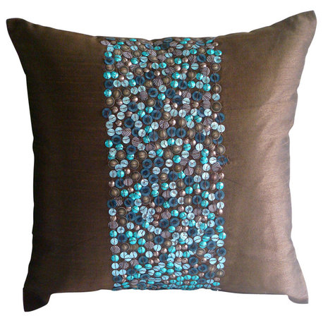 Brown Art Silk 18"x18" 3D Turquoise Sequins Pillows Cover, Cocoa & Turq