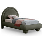 Meridian Furniture - Madrid Upholstered Bed, Green, Twin, Velvet - Transform your bedroom with the bold and sophisticated charm of the Madrid green velvet upholstered twin bed. Inspired by classic Art Deco design, this bed showcases a striking arched headboard and rounded edges for a unique, sculptural look. The luxurious velvet upholstery adds a layer of softness and warmth, making it a stunning centerpiece that combines artful design with everyday comfort.