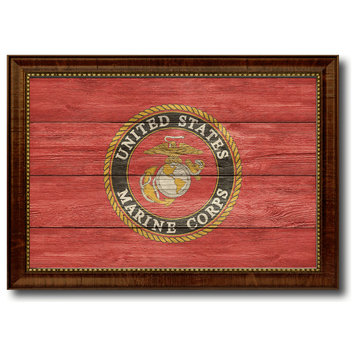US Marine Emblem Military Textured Flag Print With Brown Gold Frame, 23"X33"