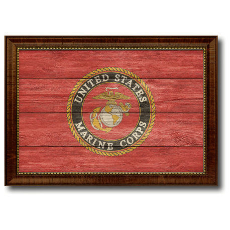 US Marine Emblem Military Textured Flag Print With Brown Gold Frame, 15"X21"