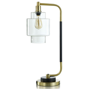 Nevada 1 Light Desk Lamp, Black Steel/Gold Brushed/Clear