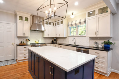 Example of a huge transitional open concept kitchen design in DC Metro with an undermount sink, recessed-panel cabinets, quartz countertops, stainless steel appliances, an island and white countertops