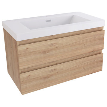 Wall-Mounted Bathroom Vanity with Integrated Resin Sink, F Oak, 36in.