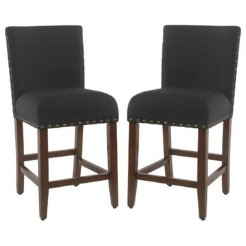 Home Square 24" Fabric Counter Stool with Nailheads in Deep Navy - Set of 2