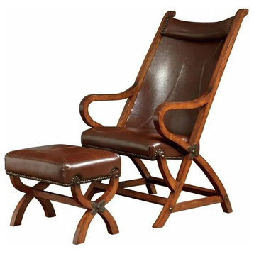 Traditional Accent Chair & Ottoman, Faux Leather Seat With Rounded Arms, Tobacco