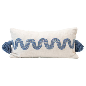 Cotton Lumbar Pillow With Embroidered Curved Pattern/Tassels, Cream/Blue