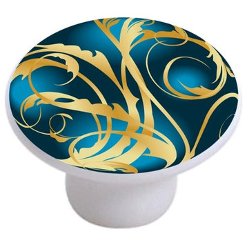 Gold Teal Pattern Ceramic Cabinet Drawer Knob