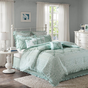 Madison Park Mindy Cottage Shabby Chic 9-Piece Comforter Set, Seafoam Blue