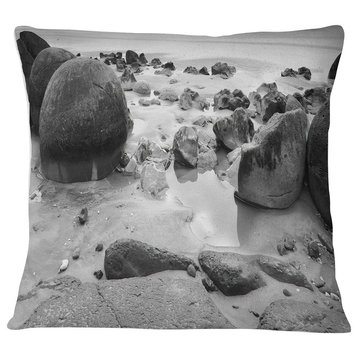 Moeraki Boulders Black n White Seashore Photo Throw Pillow, 16"x16"